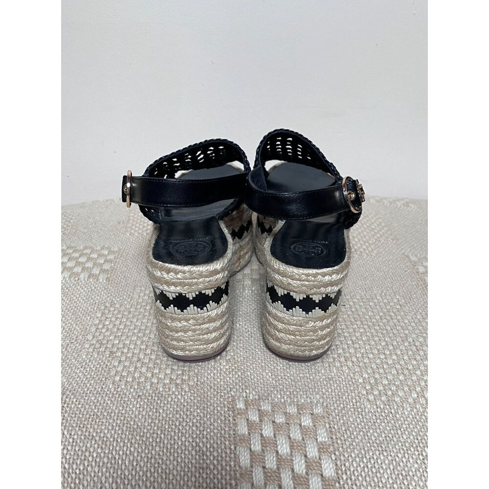 Tory Burch Platform Wedge Sandal 8 M Espadrille Woven Leather Logo Black Dandy - Picture 6 of 7
